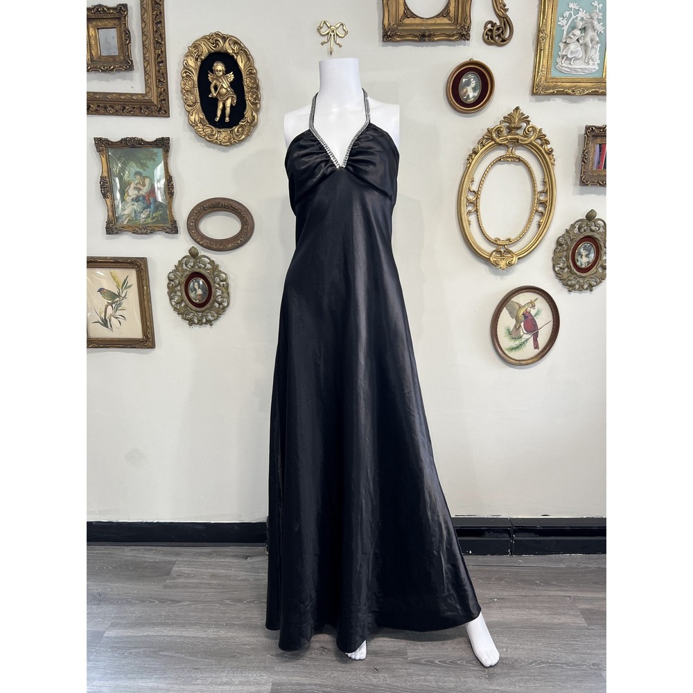 Vintage Bora U.S.A. Black Satin Rhinestone Halter Maxi Dress Y2K Glam Size XL